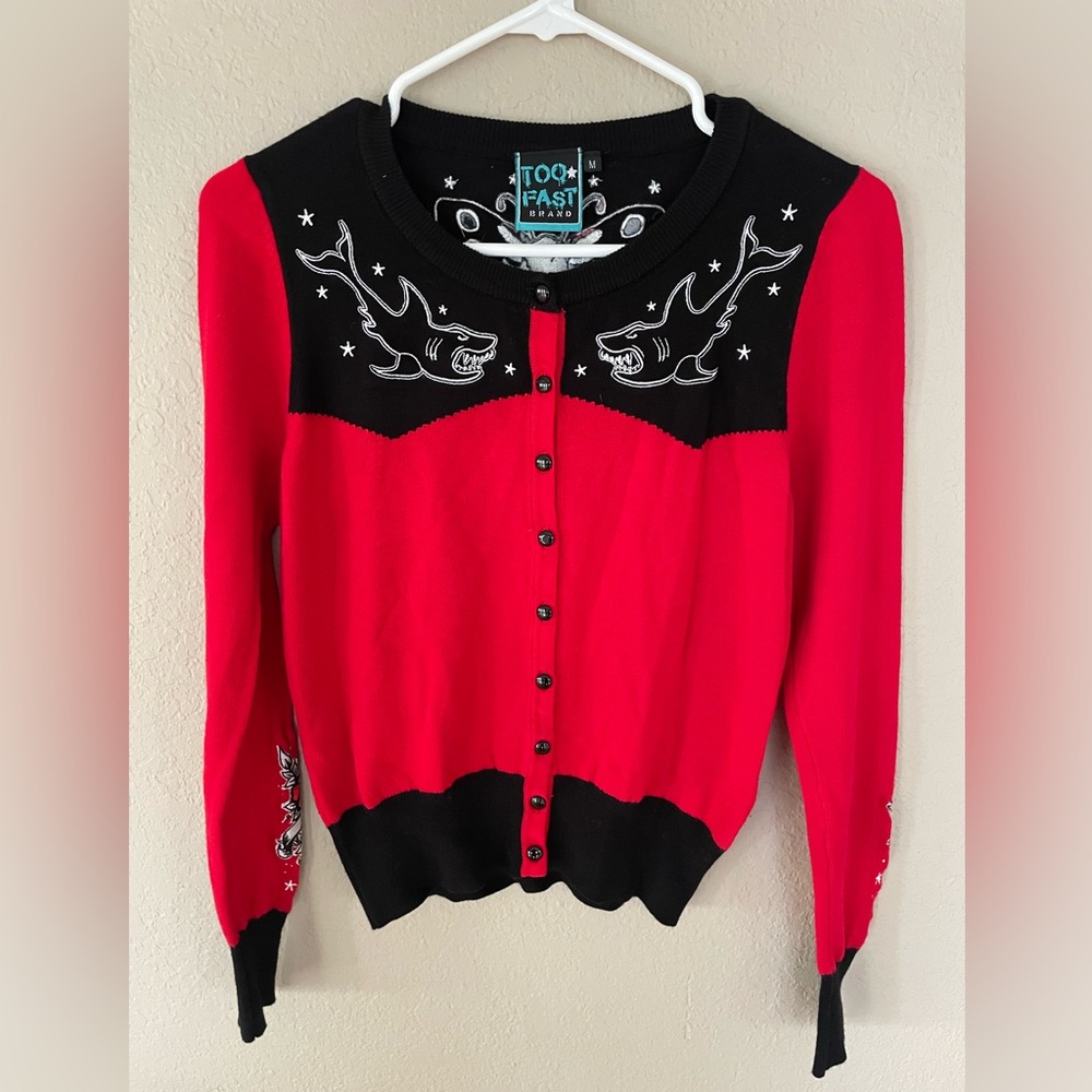 Too Fast Shark Rose and Skull Tattoo Cardigan Sweater Womens Medium